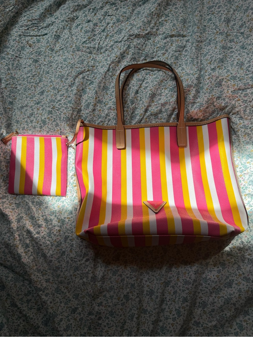 G by Guess Pink, Yellow & White Striped Tote with Wristlet